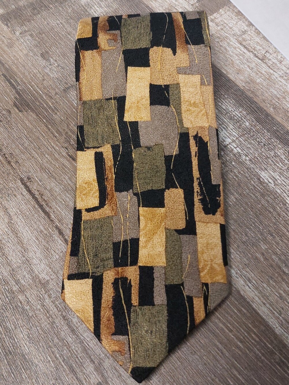Abstract Block Pattern Men's Tie in Gold, Black & Olive